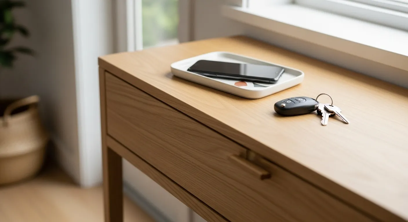 A smartphone lies face-down in a small ceramic tray on a wooden entryway table next to a set of keys in a brightly lit home.