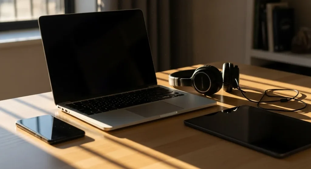 A desk with a laptop, smartphone, and tablet clustered together in late afternoon light.
