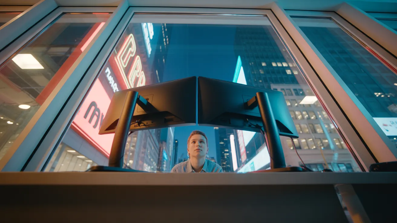 View from outside an office window at night. A person uses an ergonomic dual-monitor setup, while neon lights reflect on the glass.