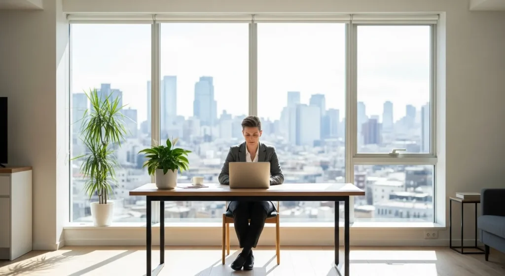 A person works on a laptop at a desk in front of a large window overlooking a city skyline during the day.