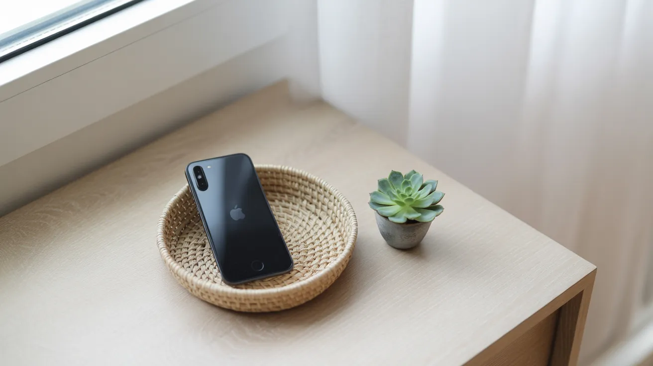 A smartphone resting face down in a small basket on an entryway table, suggesting a designated place for devices at home.