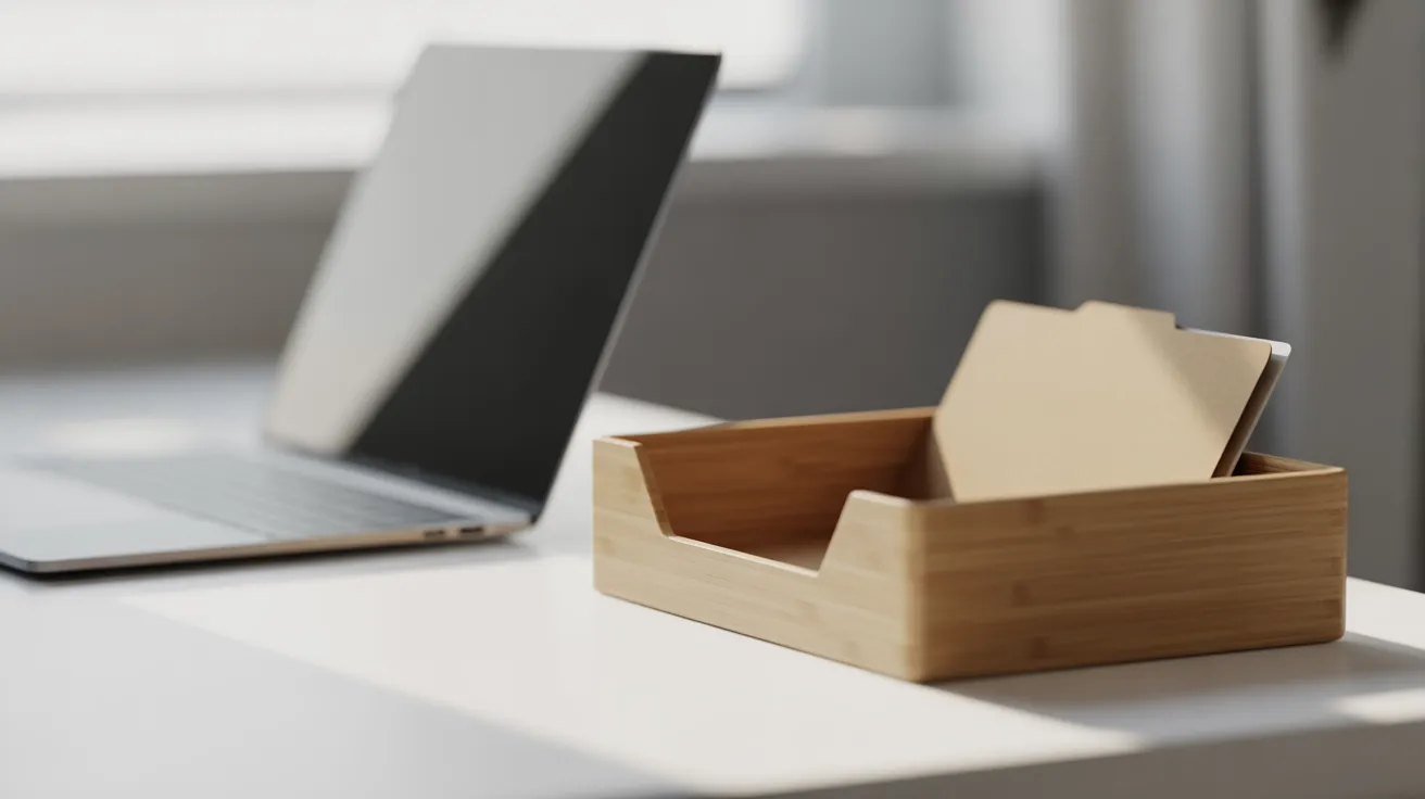 A close-up of a tidy desk with a laptop showing a blank screen next to a single wooden inbox tray with one folder.