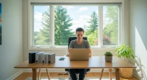 A person sits at a clean, modern desk by a window, concentrating on a laptop, with multiple external hard drives connected nearby.