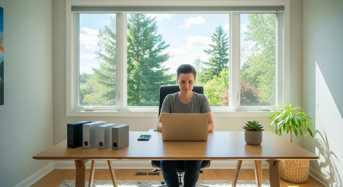 A person sits at a clean, modern desk by a window, concentrating on a laptop, with multiple external hard drives connected nearby.