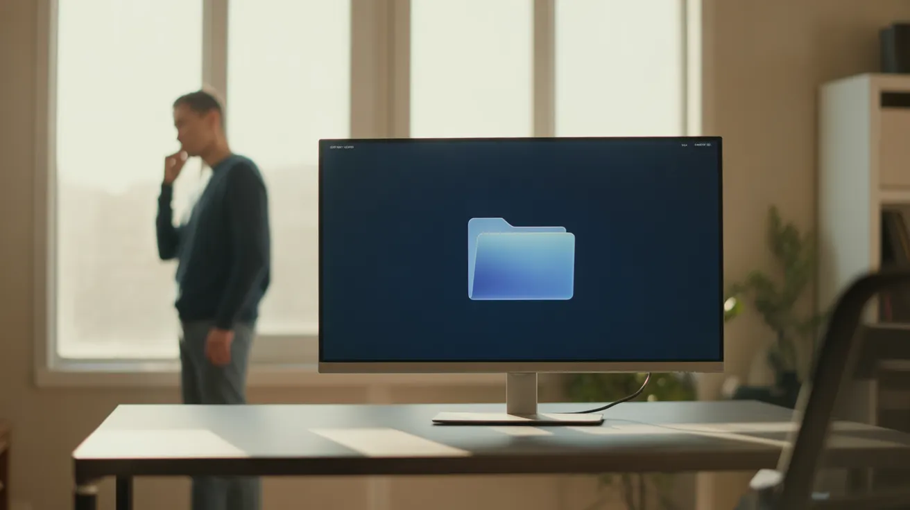 An ultra-wide view of a sunlit home office. A person takes a break by a large window, while a computer monitor shows a clean desktop.