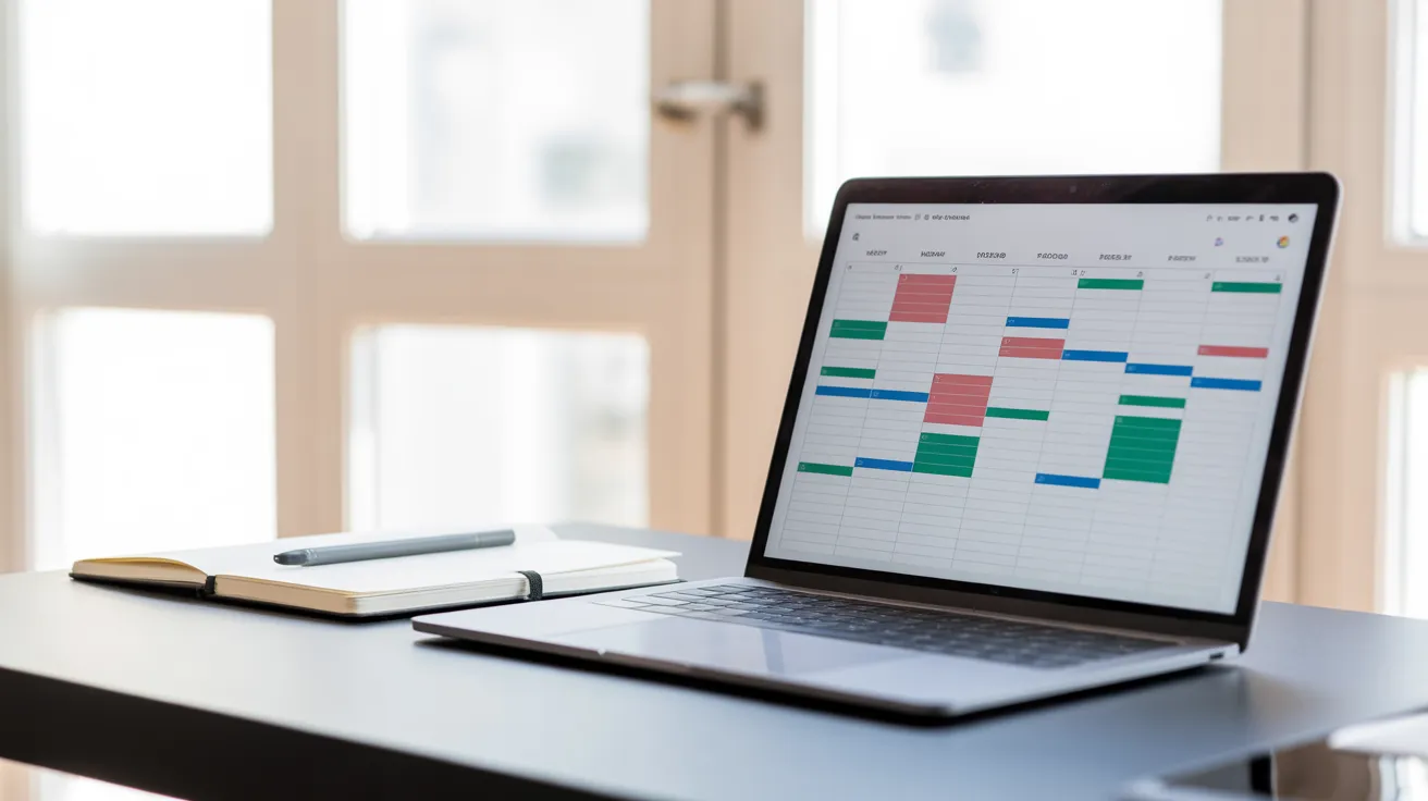 A laptop on a desk displays a digital calendar with colorful, out-of-focus blocks, suggesting a well-planned day.