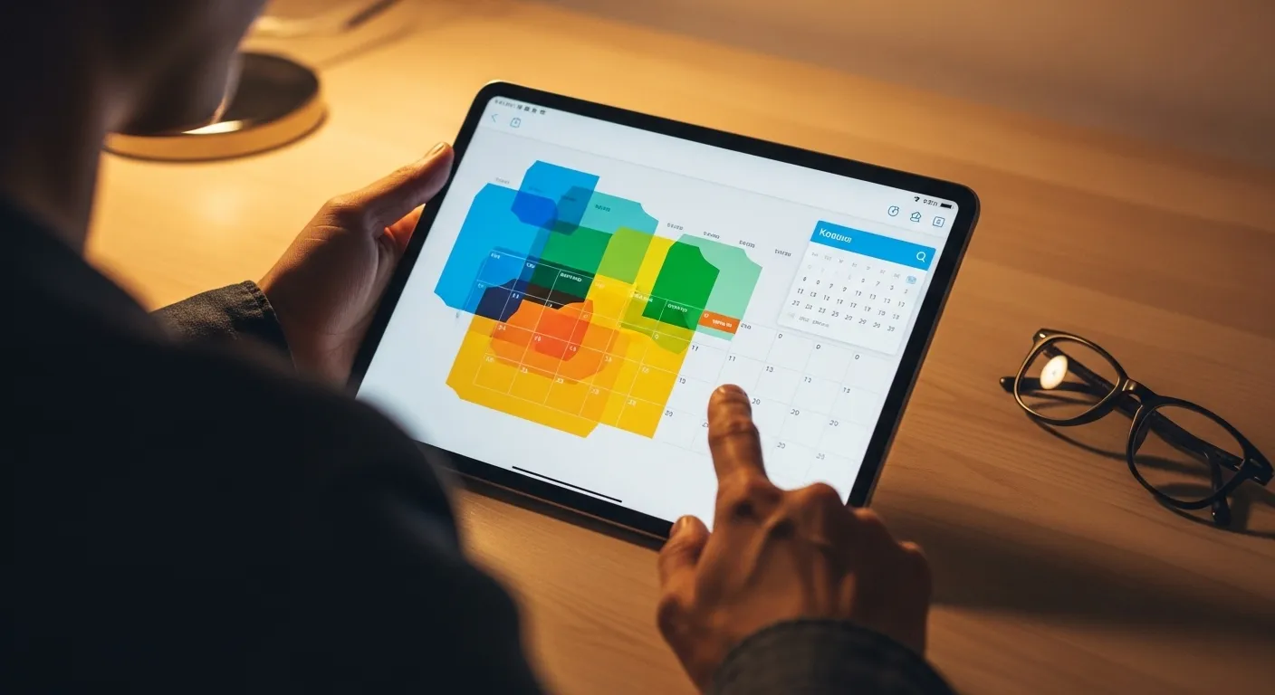 A person views a non-readable digital calendar on a tablet at night. The desk is clean, with reading glasses nearby, lit by a warm lamp.