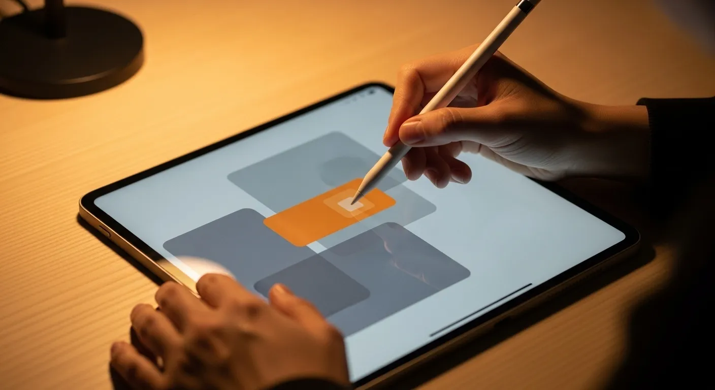 A close-up of a person using a stylus on a tablet with a simple, abstract interface, lit by a warm desk lamp at night.