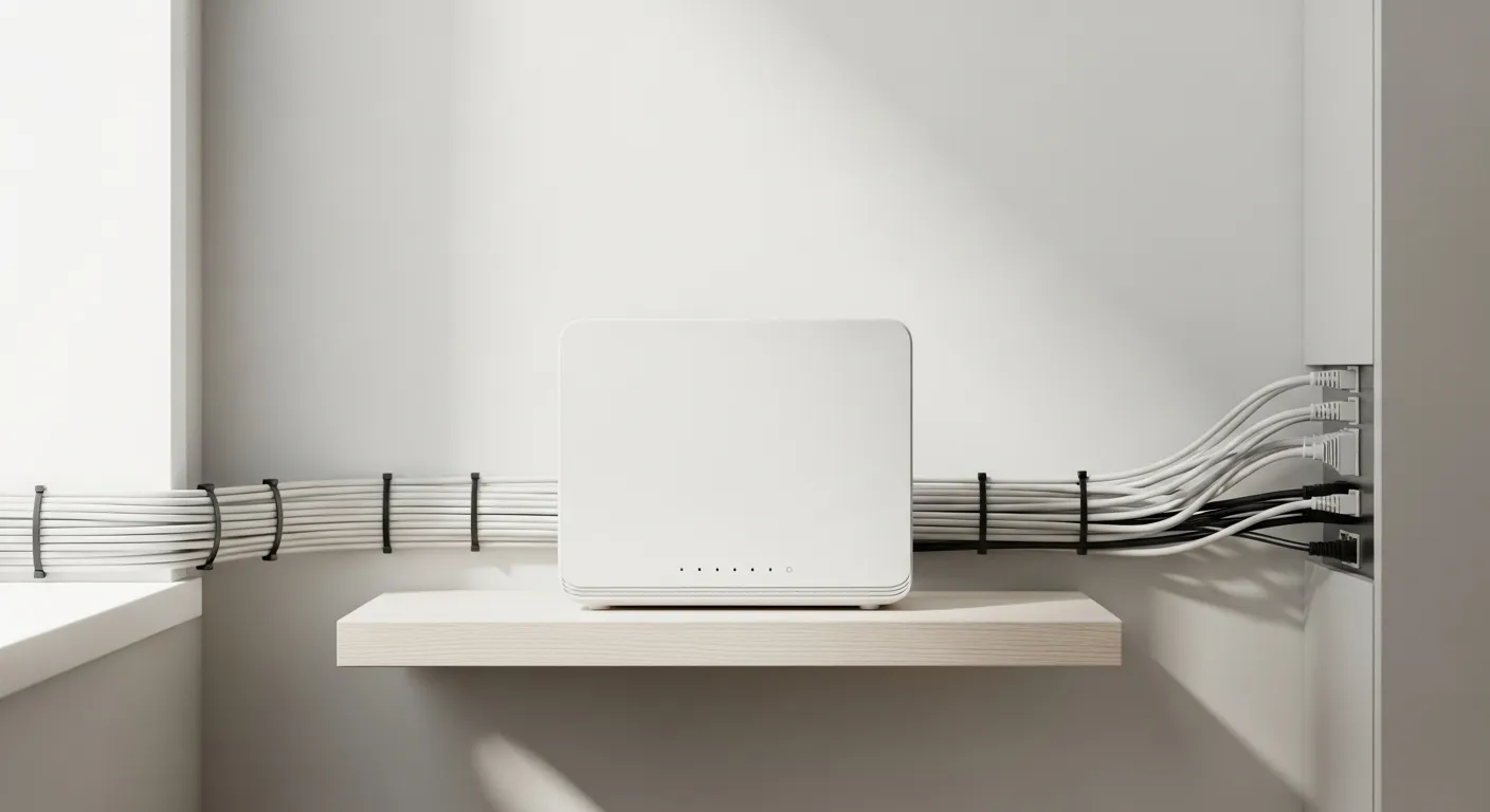 A neatly organized home internet router with managed cables sits on a clean wooden shelf.