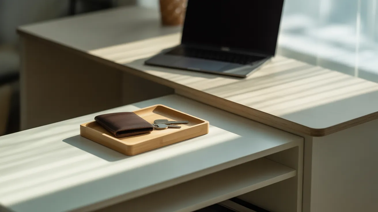 A home office with a closed laptop on a desk and a wallet and keys in a tray on a separate table, symbolizing a break from online shopping.