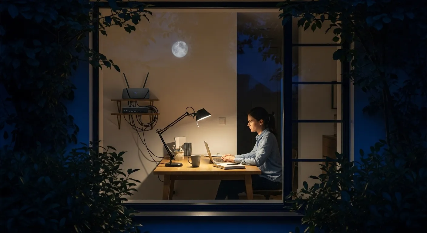 View from outside at night into a warmly lit home office where a person works at a desk. A generic internet router is on a nearby shelf.