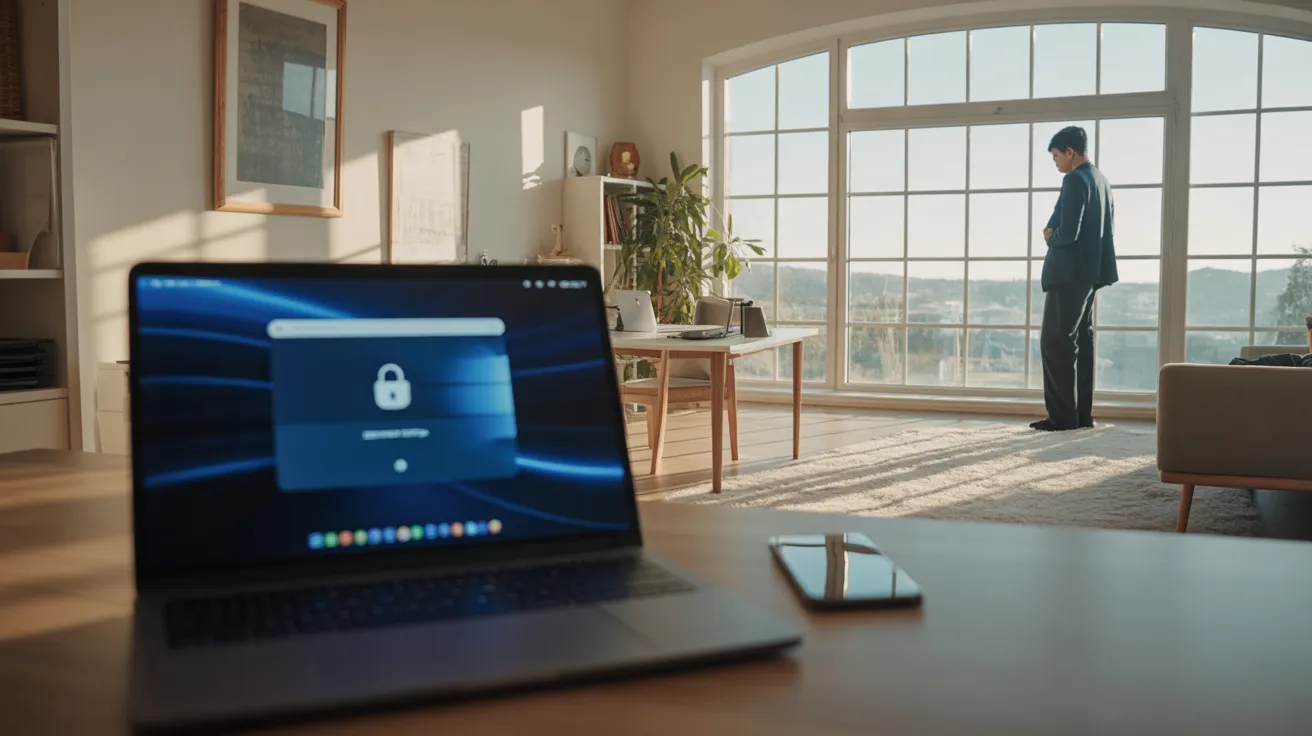 A person takes a break by a sunlit window in a spacious home office. A desk with a laptop and phone is in the foreground.