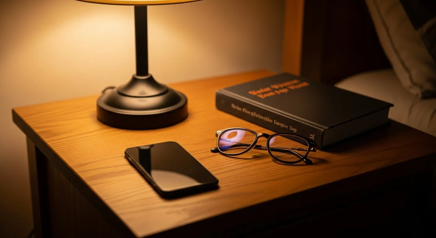 A smartphone lies face down on a wooden bedside table beside a warm lamp, a book, and a pair of blue-light blocking glasses.