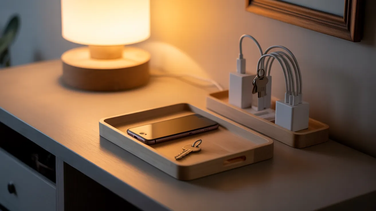 A smartphone charging face down in a wooden tray on a console table, signifying the end of the day's screen time.