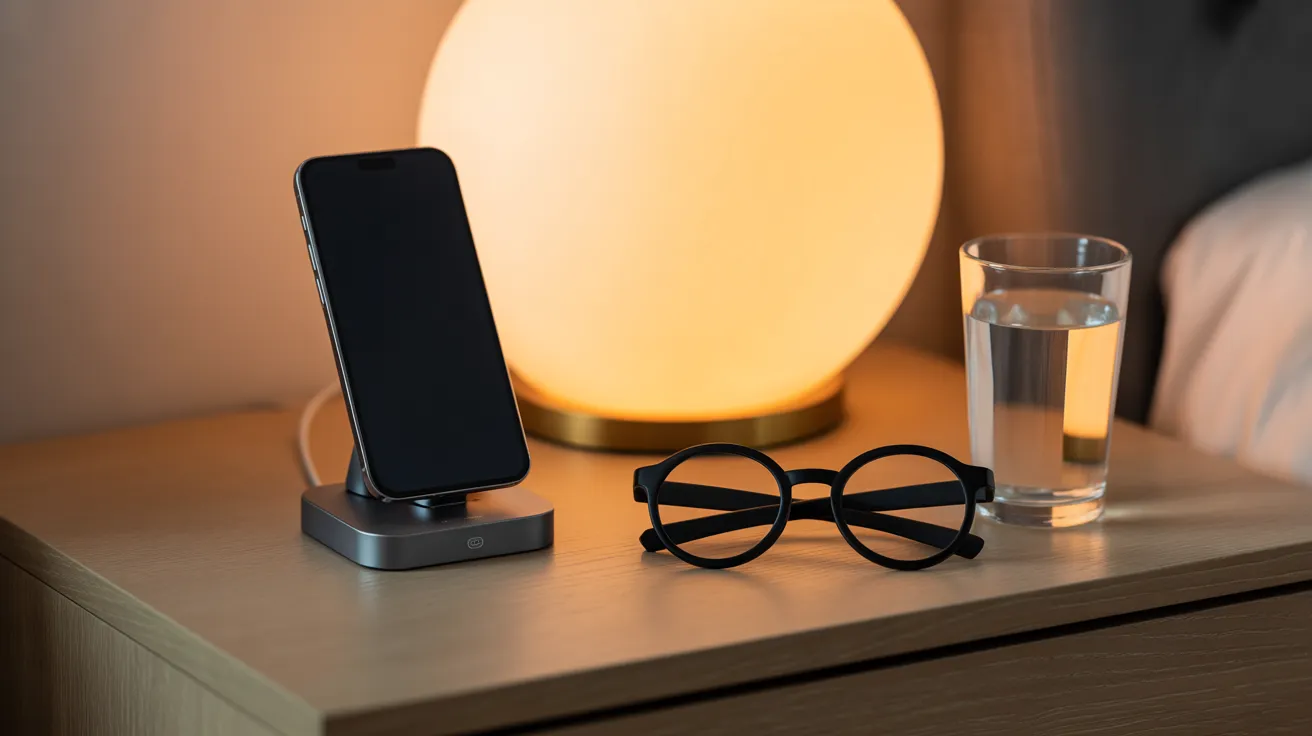 A simple bedside table with a lamp, a glass of water, blue-light glasses, and a smartphone on a charging dock, ready for the night.