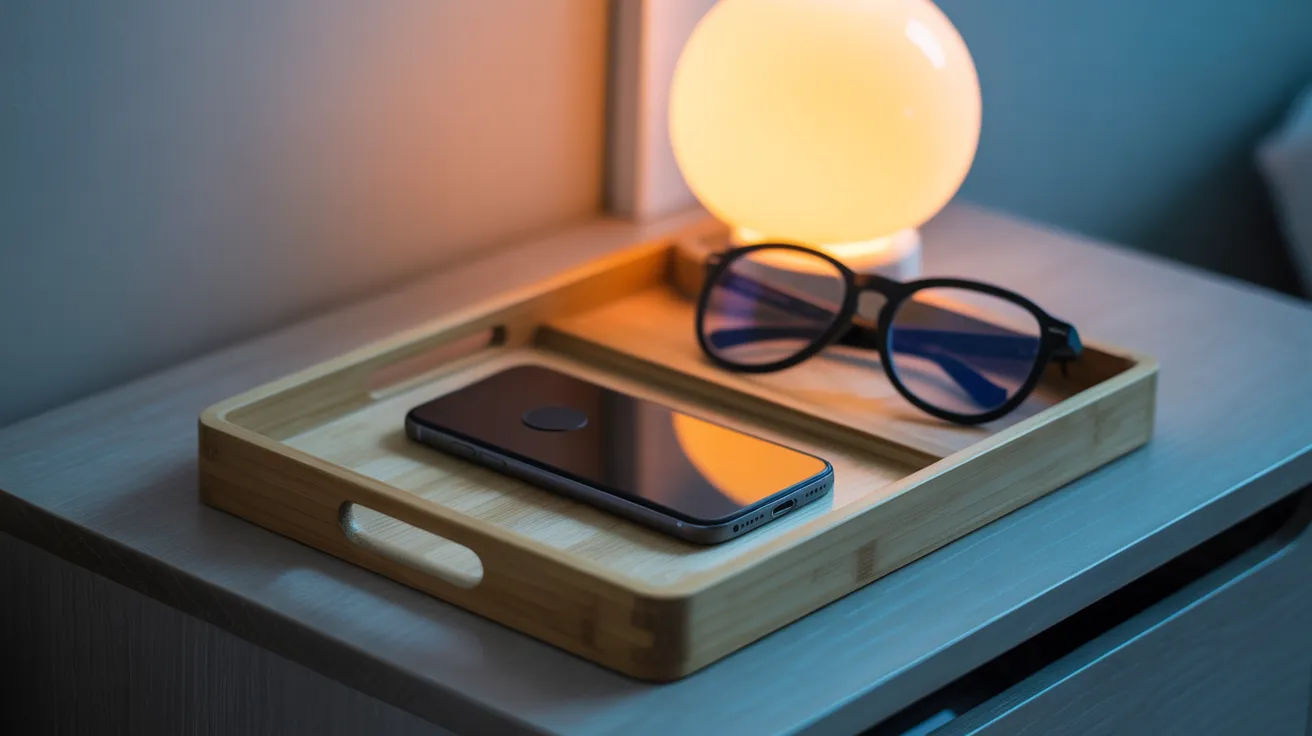 A smartphone lies face down in a wooden tray on a nightstand, next to a pair of glasses and a softly glowing lamp.