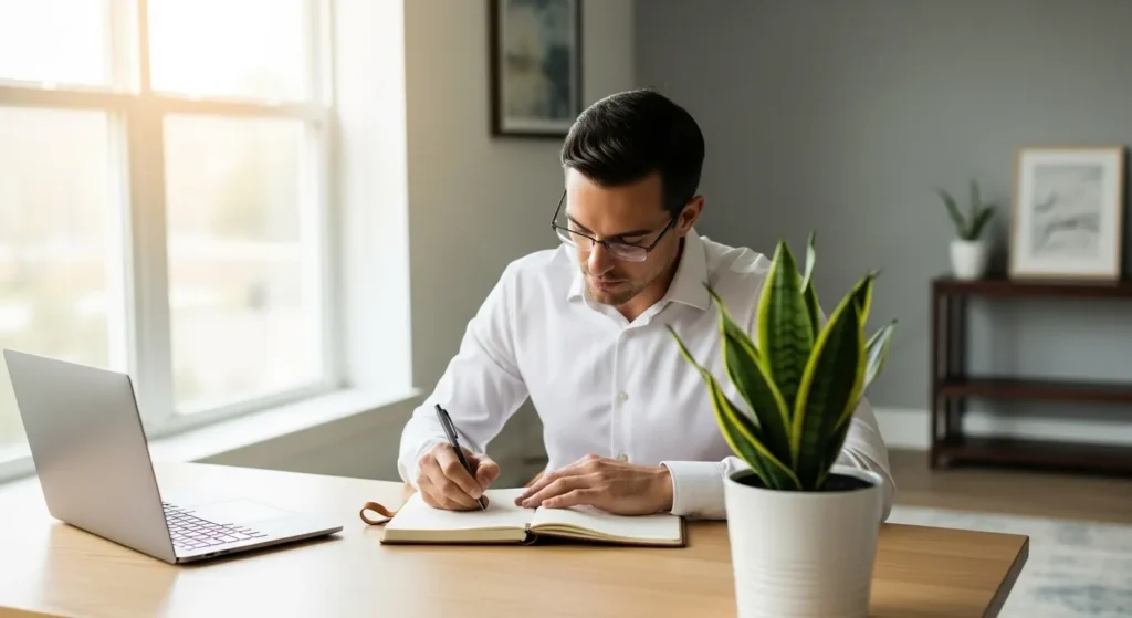 A person writes in a notebook at a clean, sunlit desk in a modern home office, with their laptop closed beside them.
