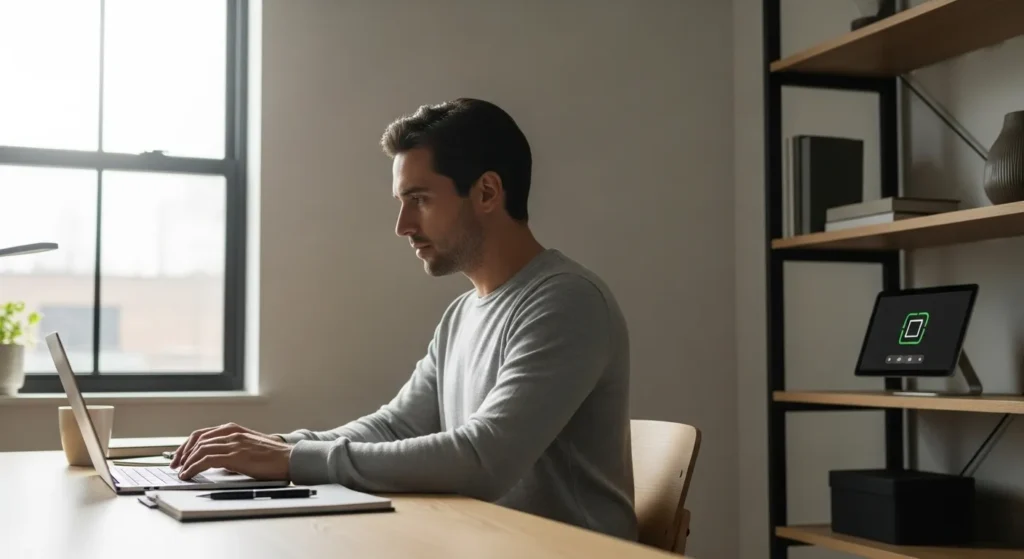 A person works on a laptop at a clean desk in a sunlit home office. A smart home device sits on a bookshelf in the background.