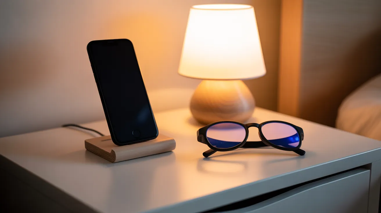 A phone charging face down on a nightstand next to a warm lamp and a pair of blue-light glasses, signaling a digital detox before sleep.