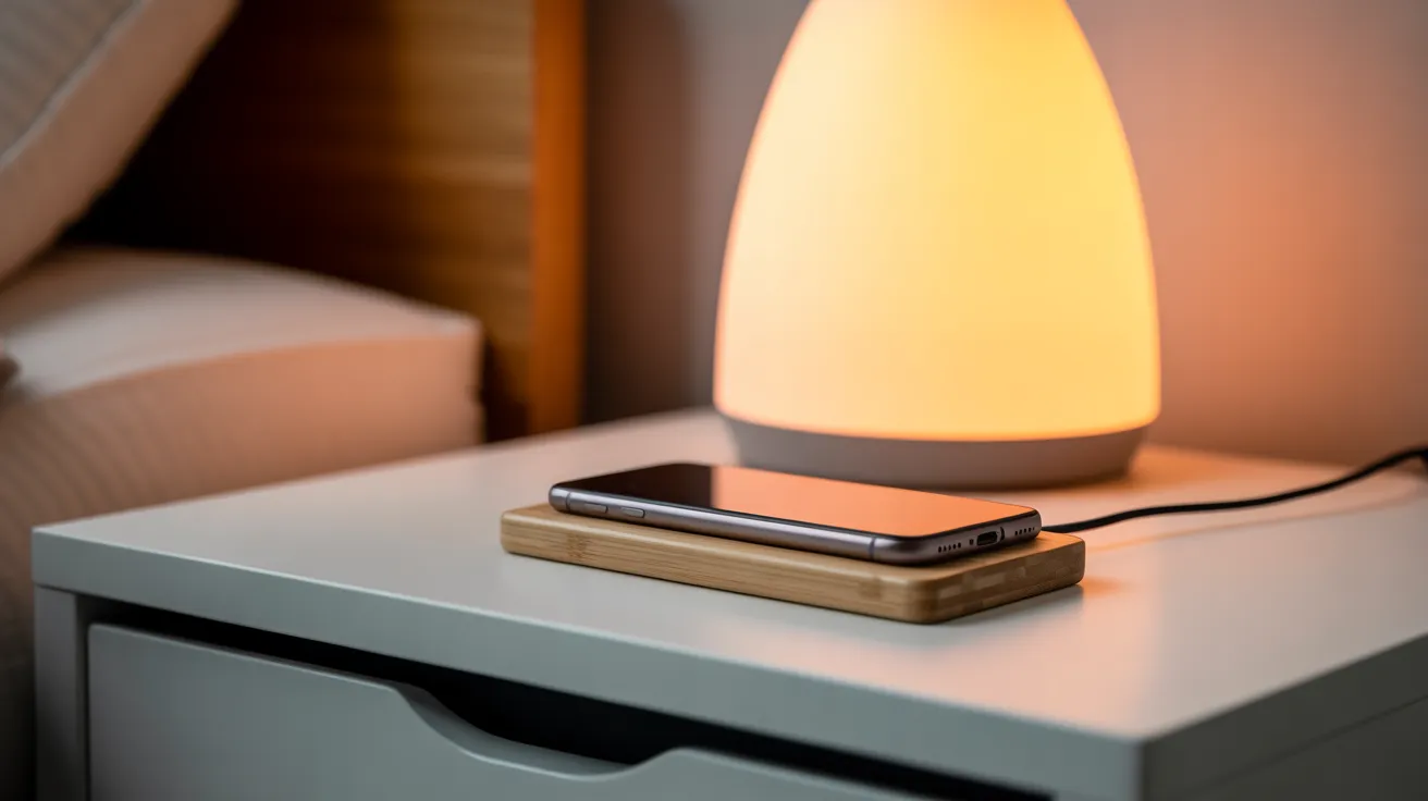 A smartphone charging face down on a wooden tray next to a warm bedside lamp in a dimly lit bedroom.