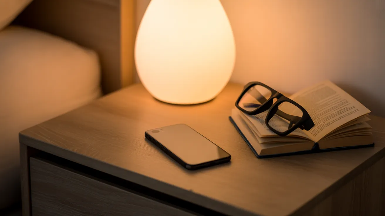 A smartphone placed face down on a nightstand next to a softly glowing lamp, a book, and reading glasses.