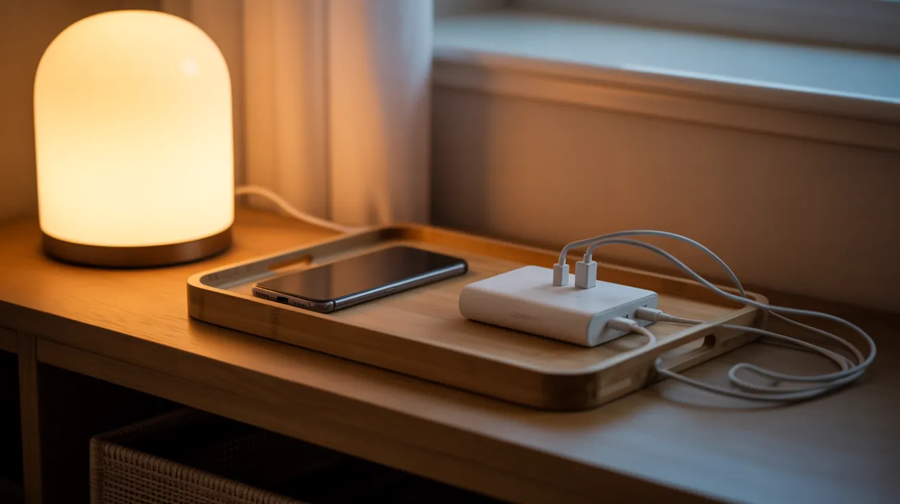 A smartphone charging on a tray on a side table in the evening, suggesting a screen-free wind-down routine.