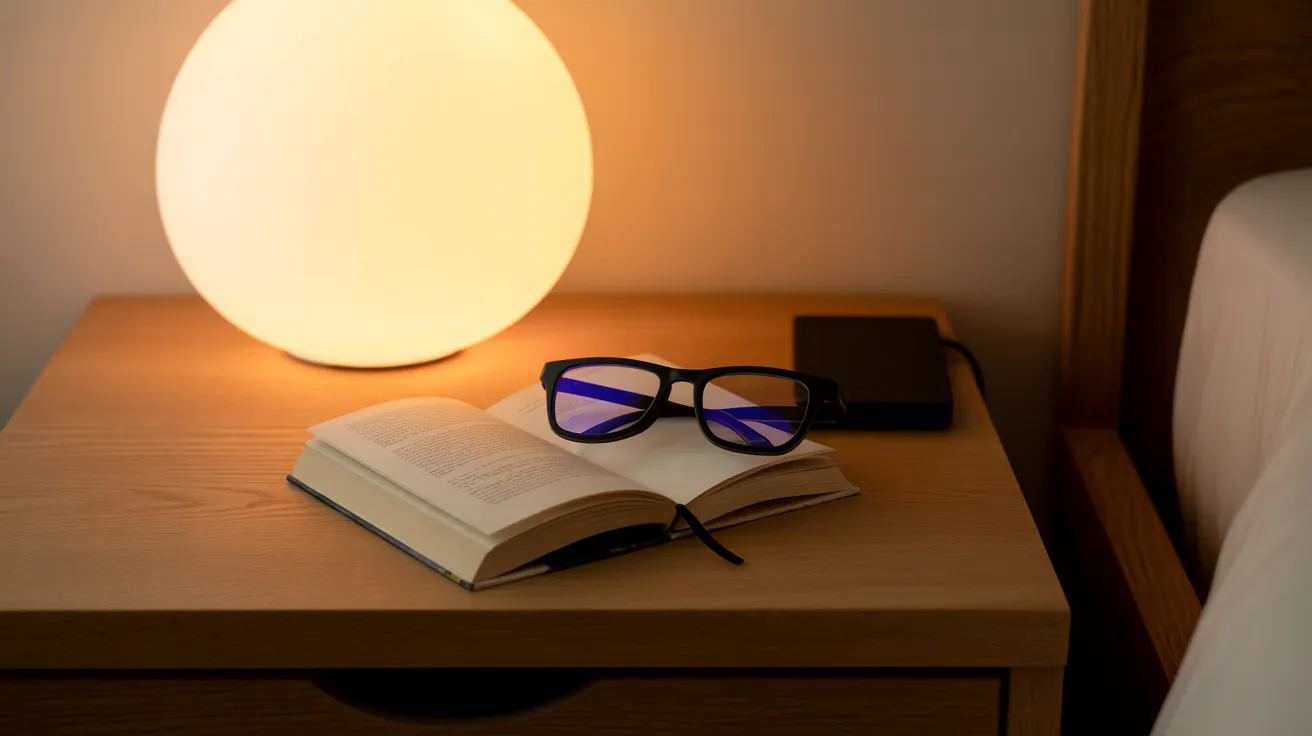 A serene bedside table at night with a warm lamp, a book, and blue-light glasses, indicating a tech-free relaxation zone.