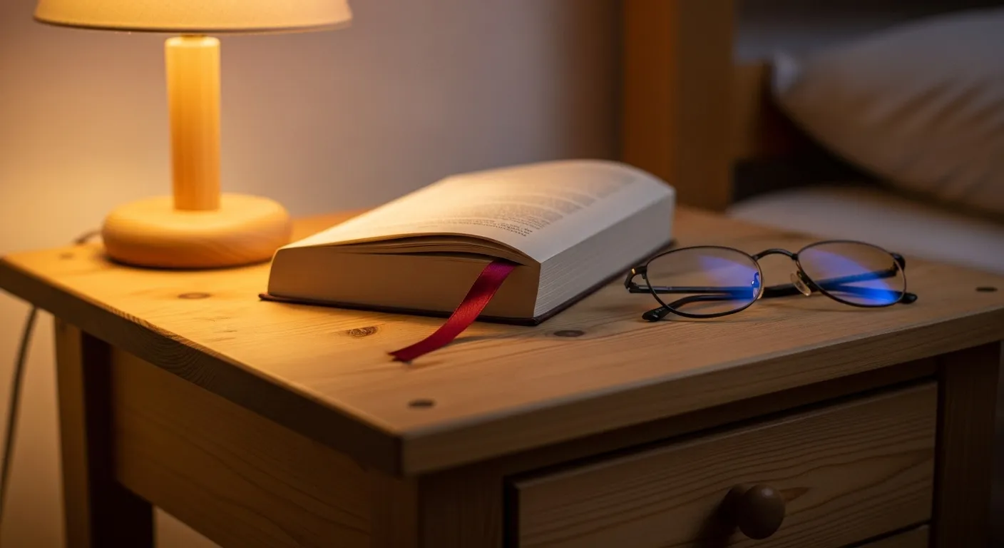 A peaceful bedside table at night with a warm lamp, a book, and reading glasses, set up as a screen-free zone for relaxation.