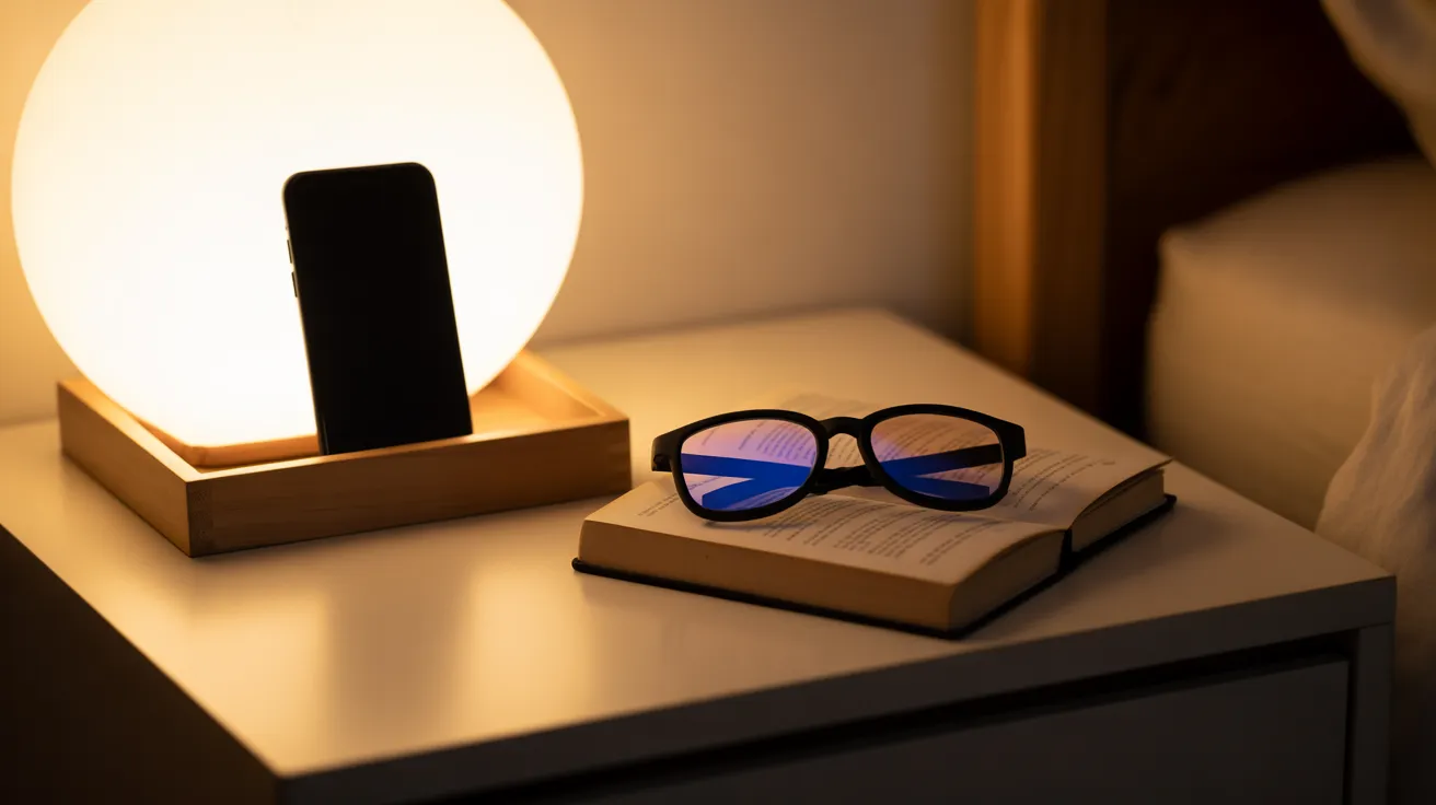 A bedside table with a warm lamp, a smartphone face down in a tray, blue-light glasses, and a book, suggesting an evening routine.