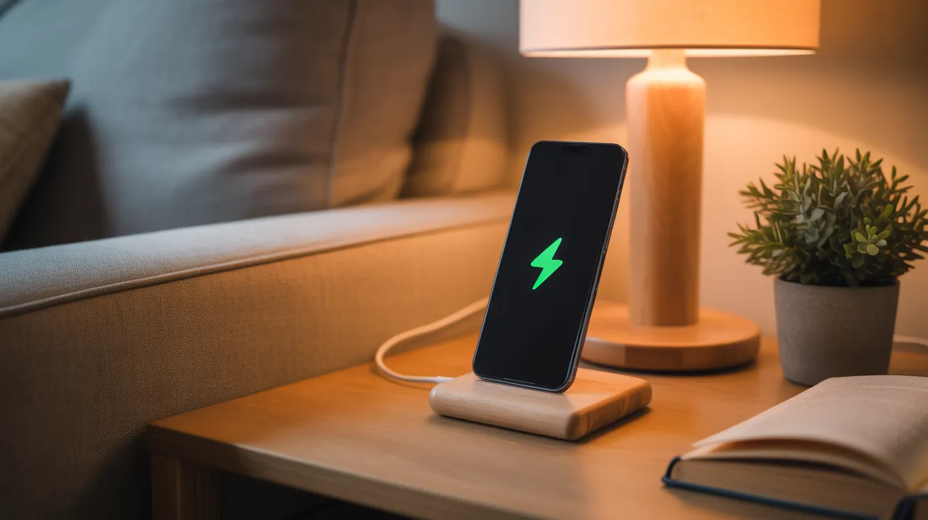 A smartphone charging face down on a wooden stand on a living room table next to a book and a plant, creating a calm evening scene.
