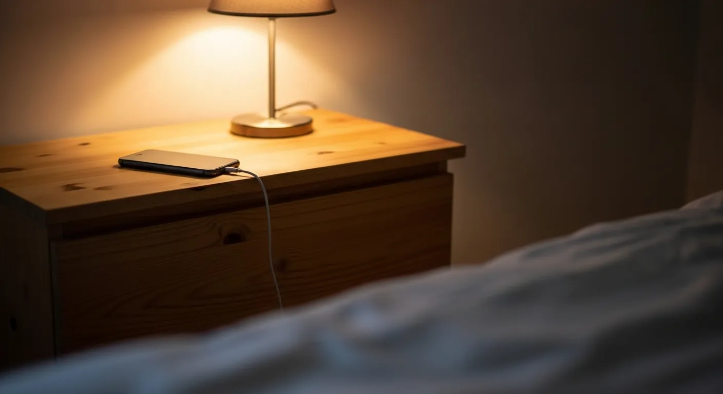 A smartphone charges on a dresser in a dimly lit, cozy bedroom, establishing a screen-free space away from the bed.