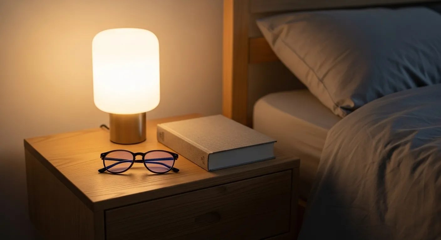 A simple bedside table with a lit lamp, a closed book, and a pair of reading glasses, creating a peaceful, screen-free evening atmosphere.