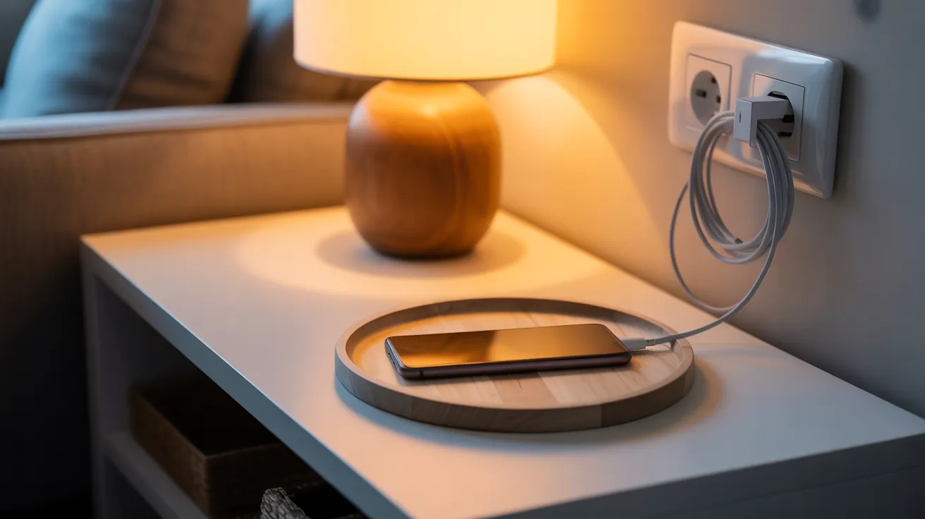 A smartphone charging on a console table in a warmly lit living room, signifying the end of the day.