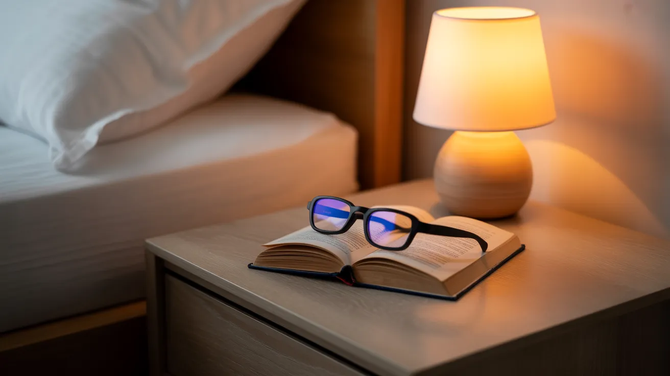 A minimalist bedside table at night with a warm lamp, a book, and blue-light glasses, creating a calm, screen-free environment.