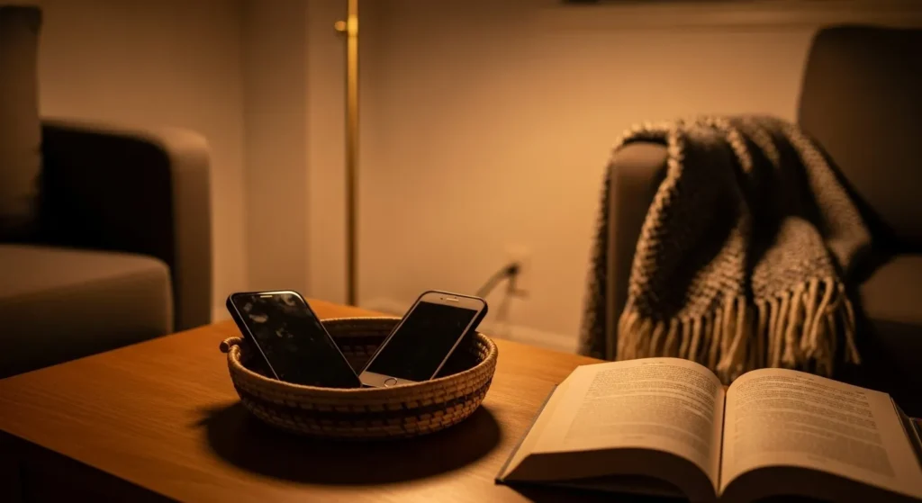 A coffee table at night with a basket holding two face-down smartphones, beside an open book lit by a warm lamp.