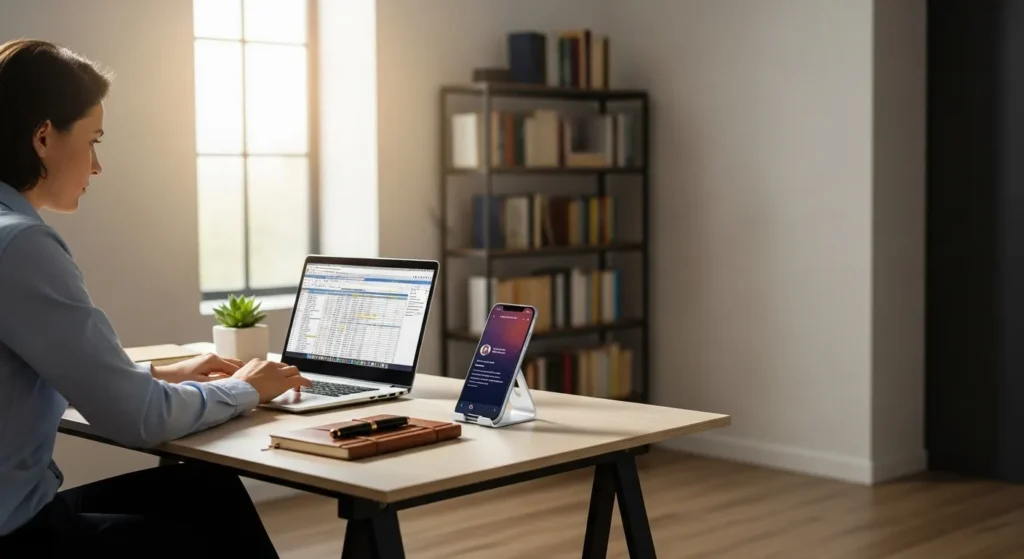 A professional works at a sunlit desk on a laptop, with a smartphone on a stand placed nearby on the otherwise tidy surface.