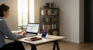 A professional works at a sunlit desk on a laptop, with a smartphone on a stand placed nearby on the otherwise tidy surface.