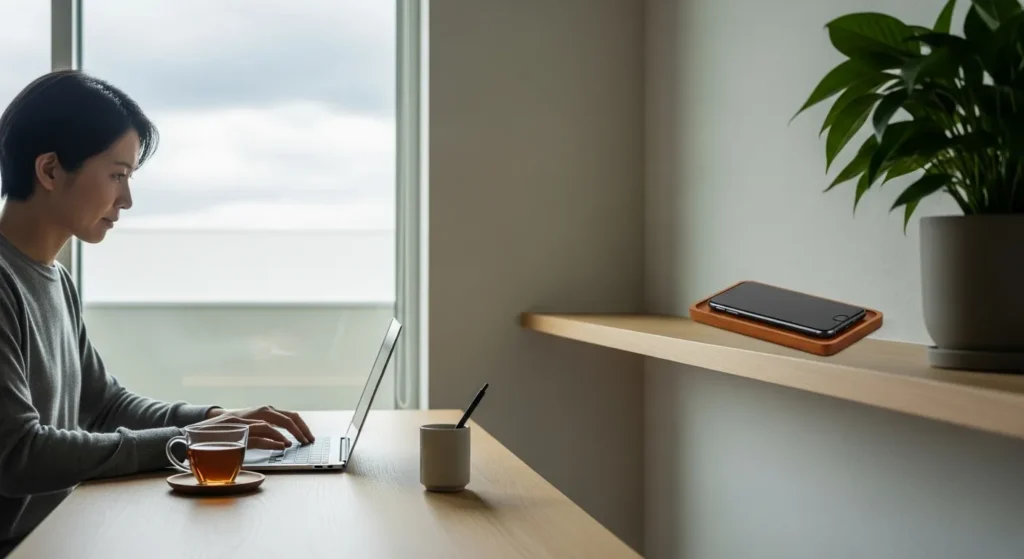 A person works at a tidy, minimalist desk in a room with soft, overcast light. A smartphone is stored separately on a shelf in the background.