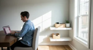 A professional works at a sunlit desk in a tidy home office, with a clear separation from the living area.
