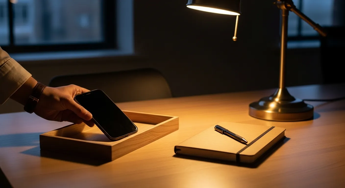 A hand places a smartphone face down onto a wooden tray on a desk, illuminated by a warm lamp in the evening.