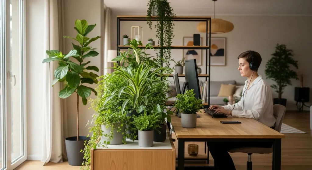 A person wearing headphones works at a tidy desk in a well-lit room, with plants creating a natural partition for focus.