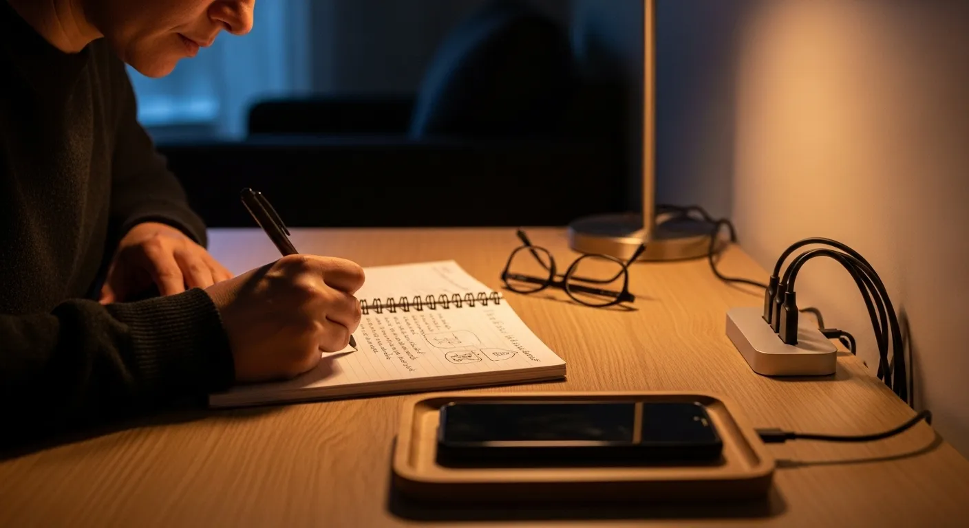 A person writes in a journal at a warmly lit desk, with their smartphone placed face down on a tray in the foreground.