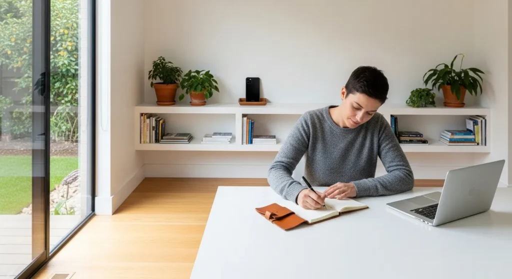A professional sits at a tidy desk in a sunlit home office, writing in a notebook. Their phone is stored on a distant shelf.