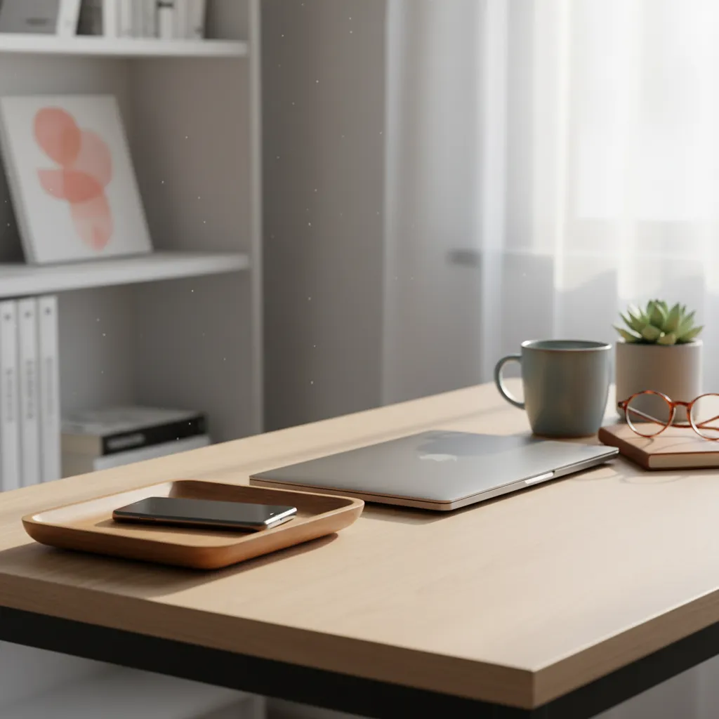 A smartphone placed face down in a wooden tray on a desk, next to a closed laptop and reading glasses, indicating a screen-free work session.