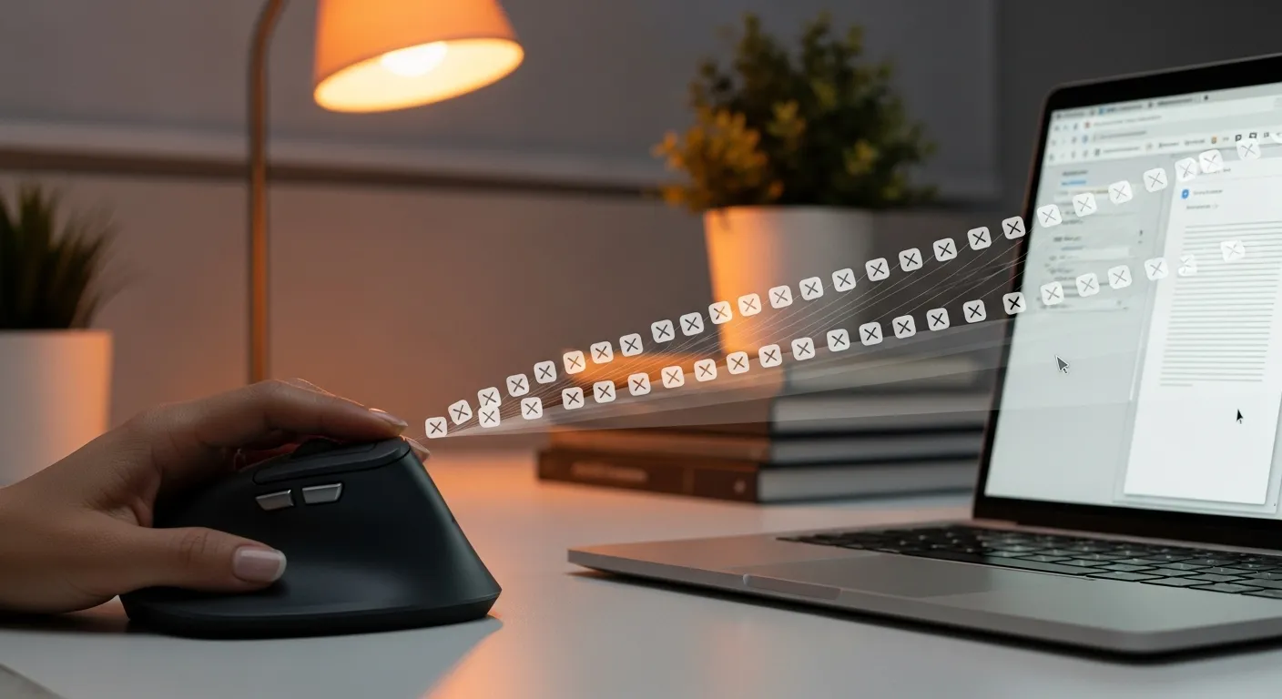 A person's hand using a mouse to close browser tabs on a laptop screen, lit by a warm desk lamp in the evening.