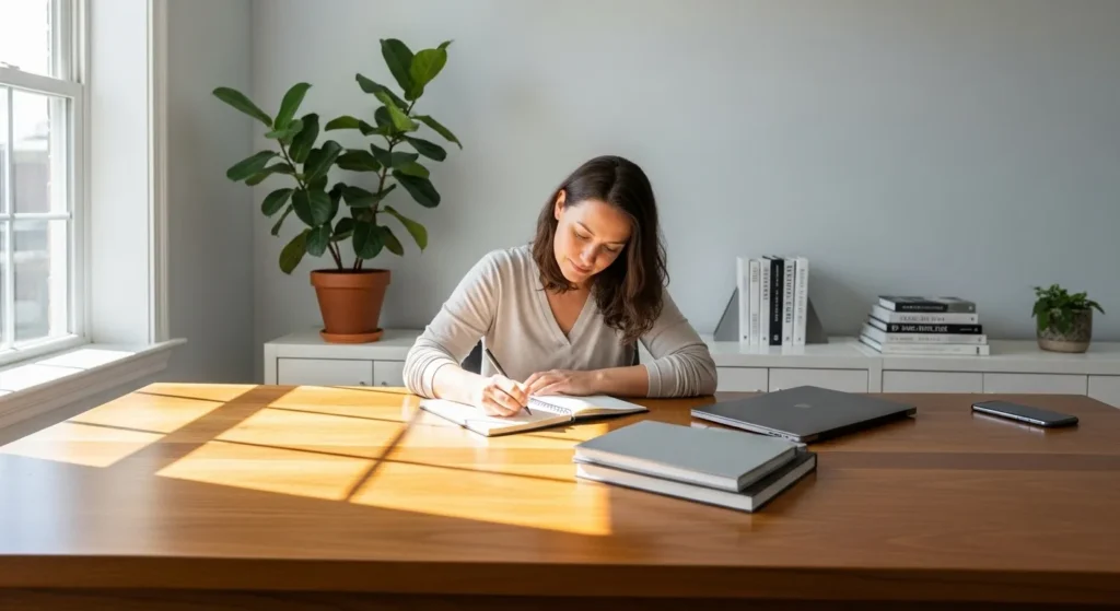 A person sits at a sunlit desk in a home office, writing in a notebook. A smartphone is placed face down and out of reach.