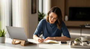 A woman sits at a sunlit desk in a modern home office, writing in a notebook. Her laptop is closed, and the workspace is organized and calm.