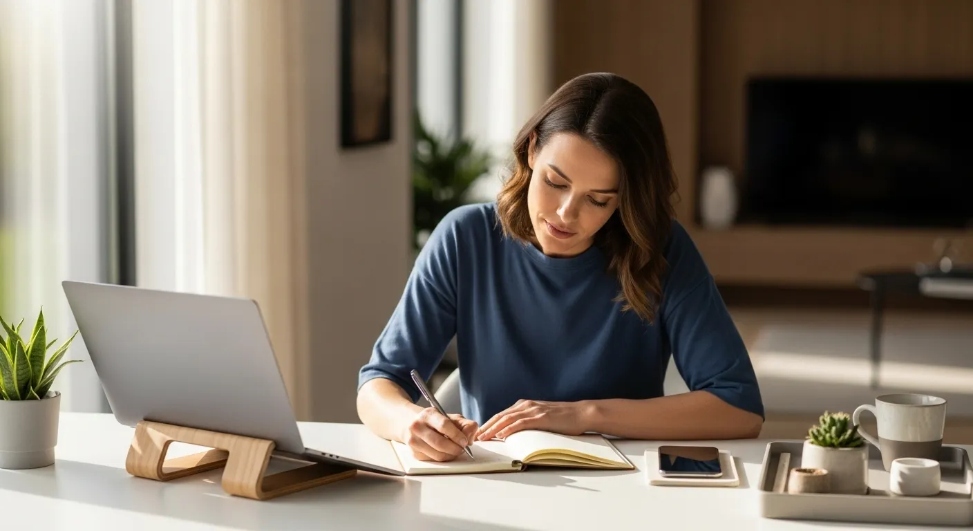 A woman sits at a sunlit desk in a modern home office, writing in a notebook. Her laptop is closed, and the workspace is organized and calm.