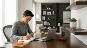 A person sits at a sunlit desk in a tidy home office, writing in a notebook. Their laptop is closed and their phone is in a basket on a shelf.
