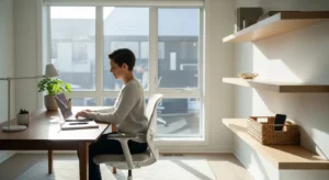 A focused professional works at a laptop in a sunlit, modern home office. A basket for electronic devices sits on a nearby shelf.